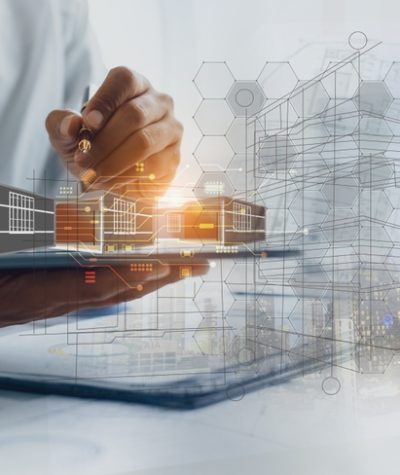 Engineer,Hands,Holding,Digital,Tablet,With,House,Construction,Project,Planning,