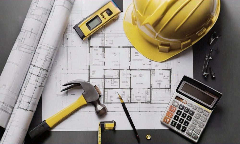 Photo,That,Includes,Hard,Hat,,Blueprints,,Calculator,,Tape,Measure,,Hammer
